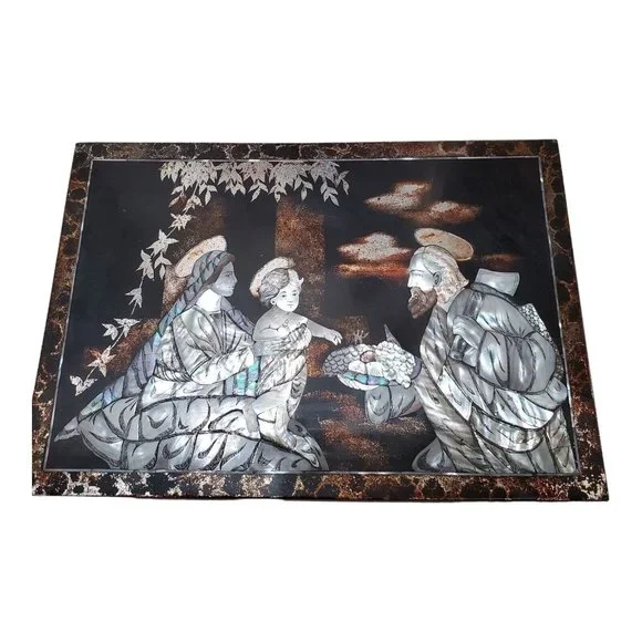 Vintage Religious Jesus Mary & Joseph Mother of Pearl Inlay Wood Wall Art Vtg
